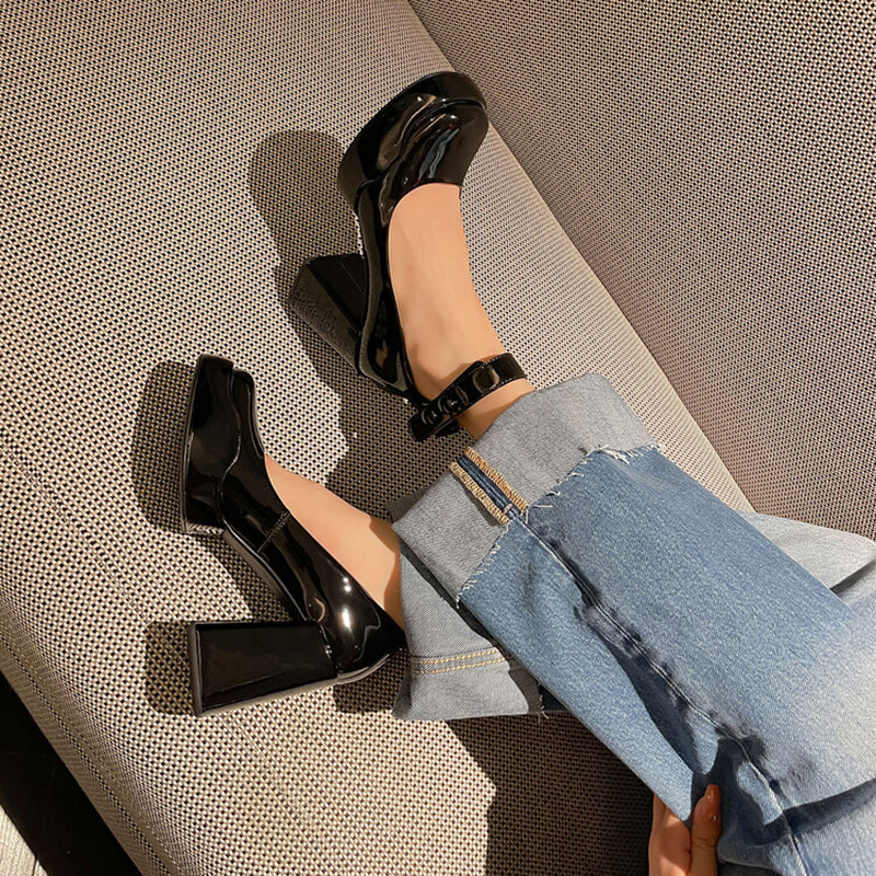 xiangtuibao Patent Leather High Heels Pumps Women Autumn Thick Heel Chunky Platform Mary Jane Shoes Woman Black Ankle Straps Pump Shoes
