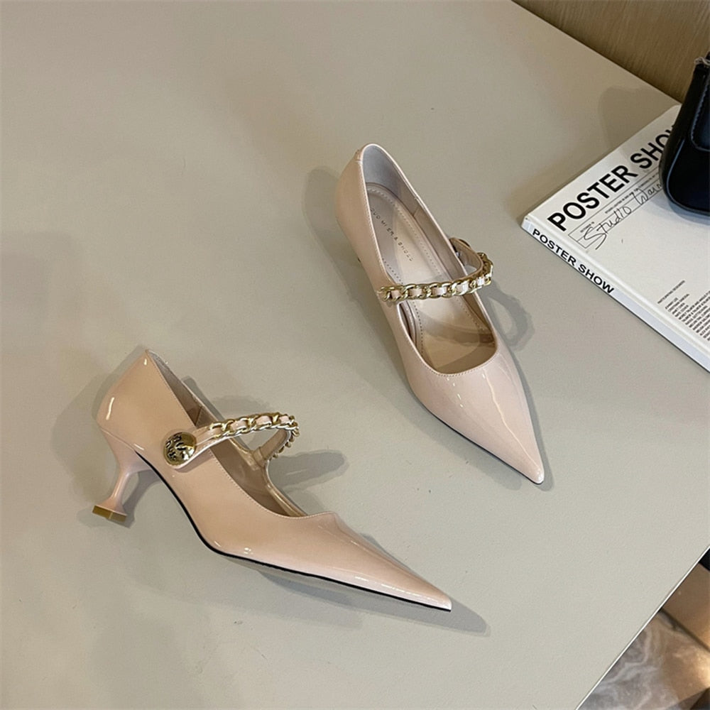 xiangtuibao Patent Leather Women Pumps Pointed Toe Shallow Slip On Black WHite Beige Silver Rhinestone Chain Thin High Heels Dress Shoes 39