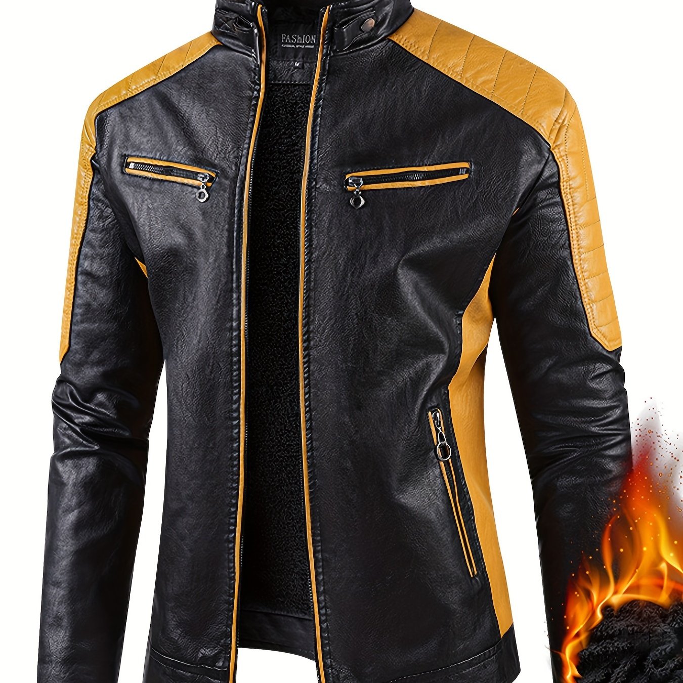 Men's Stylish Warm Fleece PU Jacket | Easy Care, Regular Fit, Solid Color | Chic Winter Casual with Stand Collar