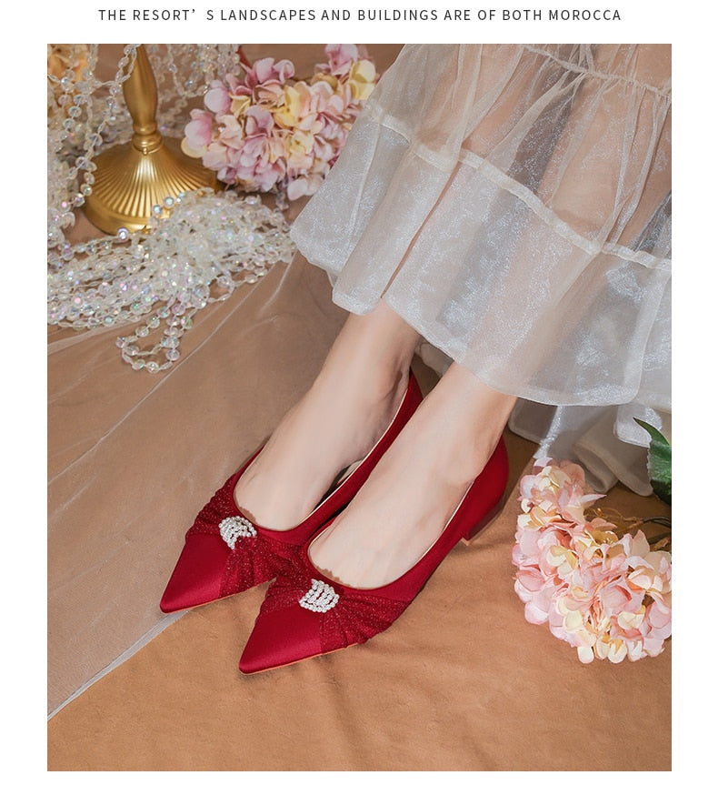 xiangtuibao Minority French Wedding Shoes Flat Bottomed New Bride Shoes White Satin Wedding Dress Shoes Women's Flat Heel Shoe