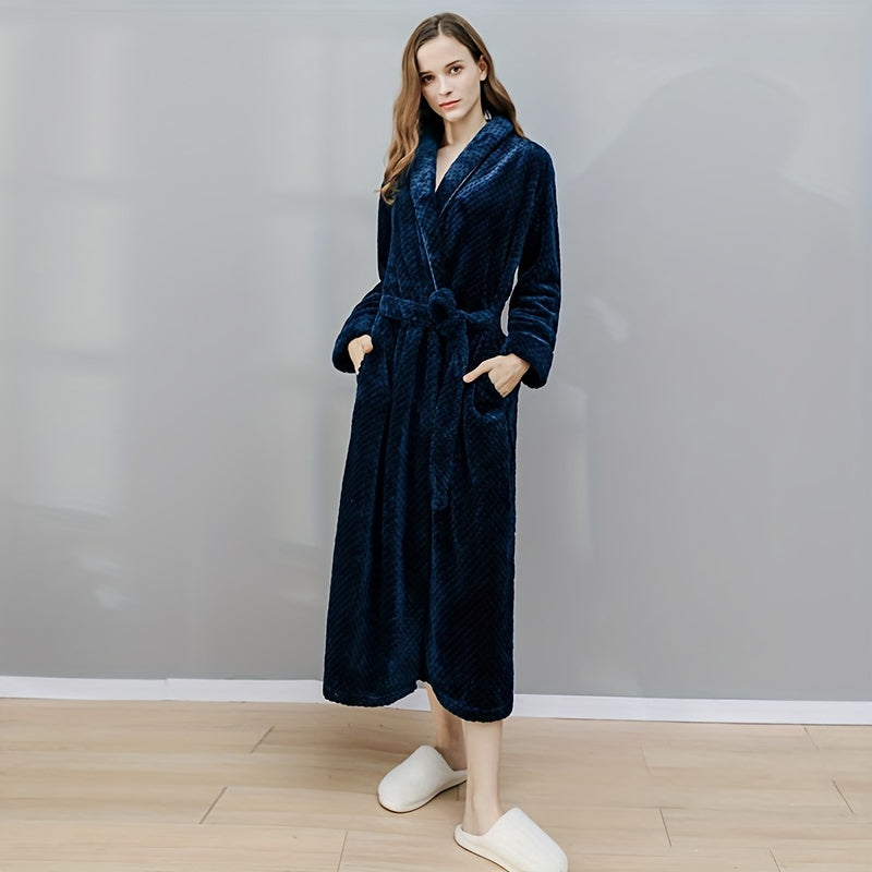 1pc Soft Coral Velvet Thickened Flannel Long Sleeve Bathrobe - Plush Long Robe for Home, Bathroom, Loungewear - Soft, Cozy, Warm, and Comfortable