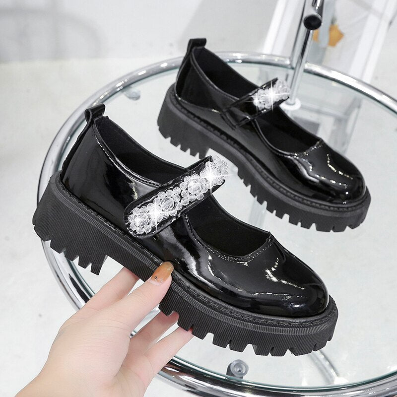 Rimocy Shining Crystal Women's Mary Janes Shoes Spring Pu Leather Flat Shoes Woman Med Heels Non-slip Platform Casual Shoes