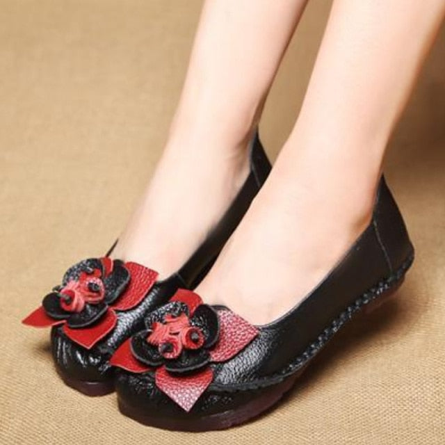 xiangtuibao New Arrival Designer Vintage Mother Summer Loafers Womens Genuine Leather Flats Flower White Leather Shoes Woman Flats