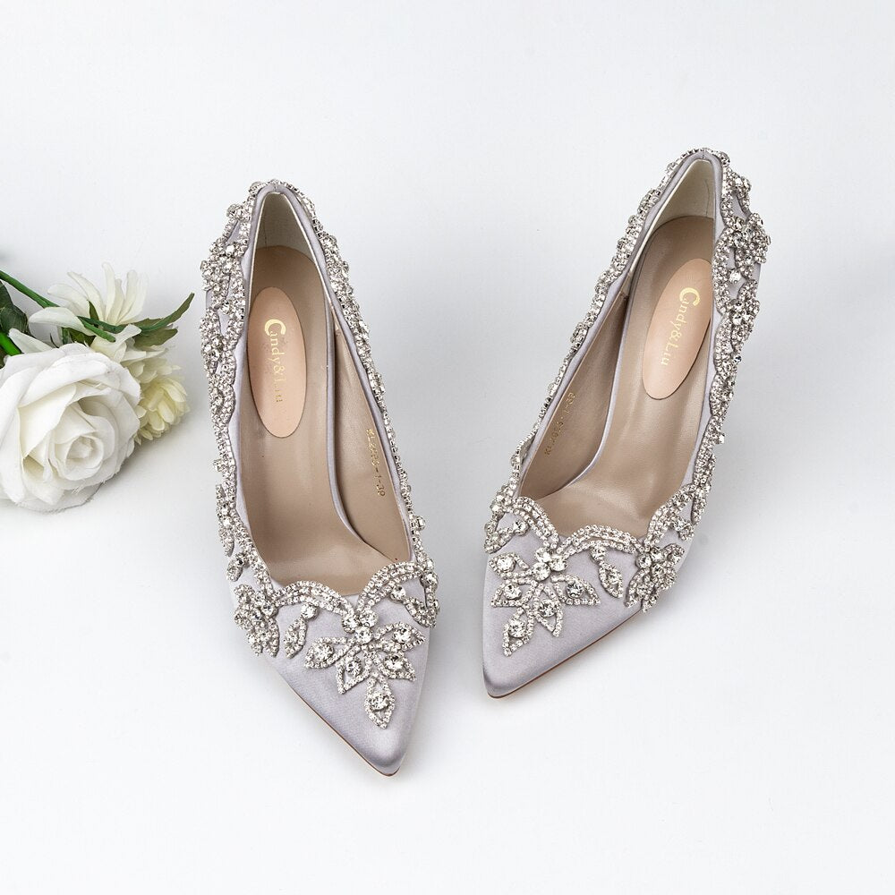 xiangtuibao Wedding Shoes Luxury Design Higher Quality Satin Full Stone Rhinestone Pointed Toe Bride Pumps Fat Square Clear Higher Heels