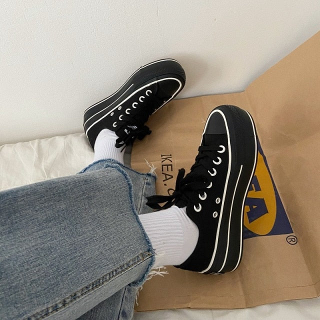 xiangtuibao Women Platform Canvas Shoes New Arrival Women Shoes Outdoor Fashion Lace-up Casual Vulcanize Sneakers