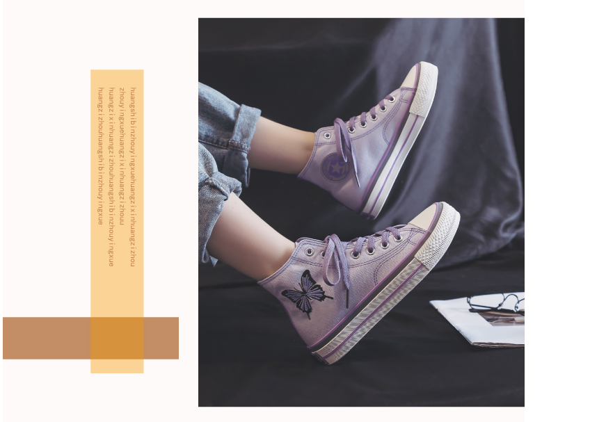 xiangtuibao Spring New Women Canvas Shoes Fashion Drawings Girl Purple Vulcanized Sneakers Butterfly Embroidery Casual High Low Flat Shoes