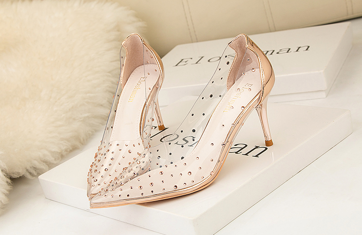 xiangtuibao Transparent high heel women's stiletto pointed wedding shoes rhinestone glass glue, star shoes