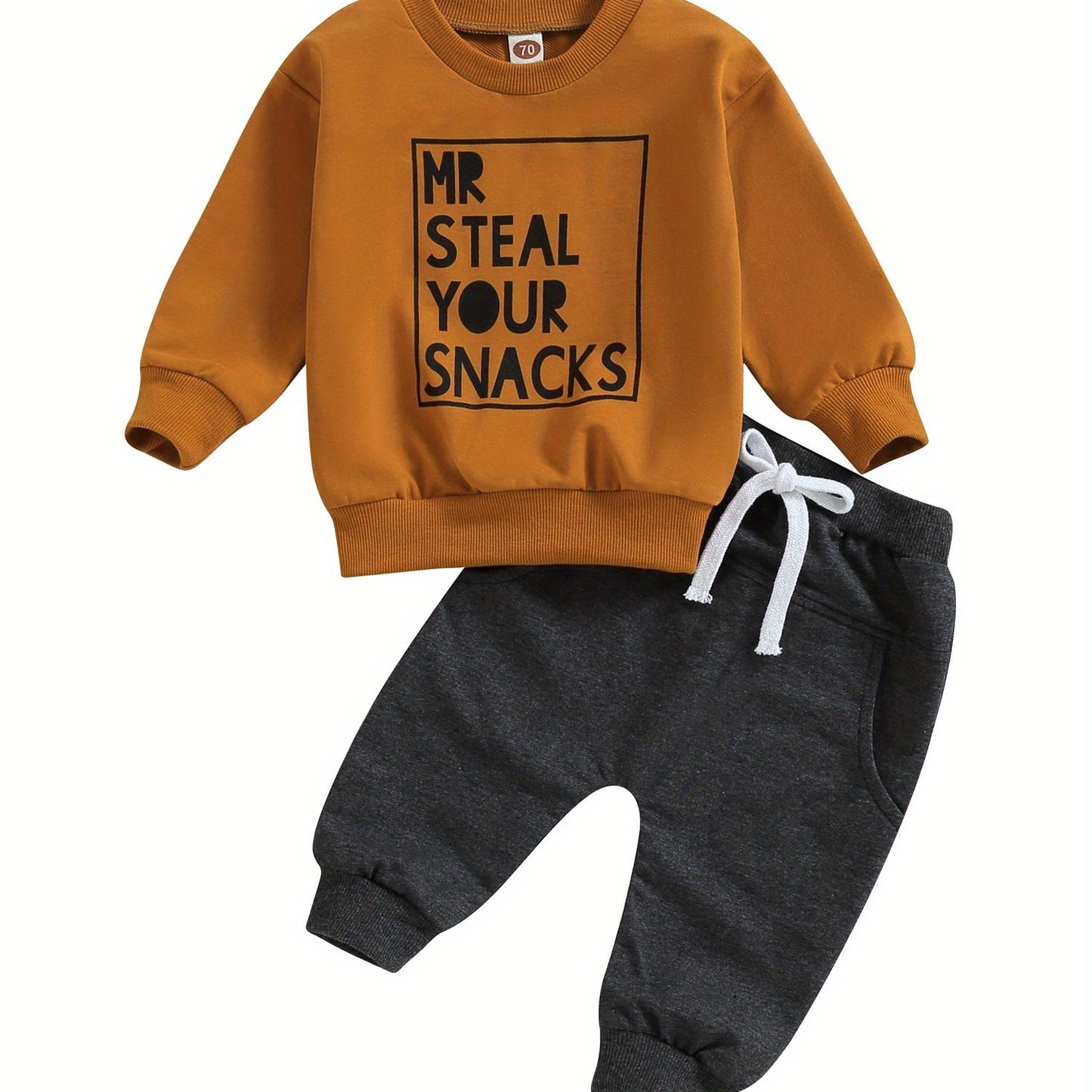 2pcs Adorable "MR STEAL YOUR SNACKS" Baby Boy's Active Set - Soft Sports Cotton Crew Neck Sweatshirts Top and Elastic Waist Fall Pants Outfit - Comfortable, Breathable, and Stylish for Everyday Wear