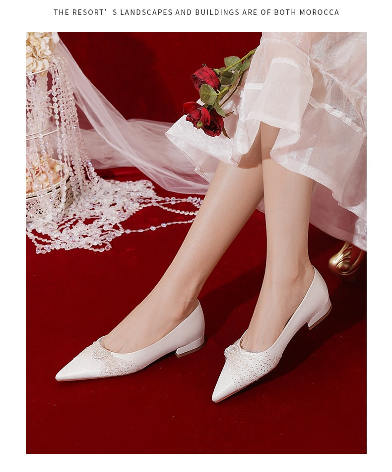 xiangtuibao Minority French Wedding Shoes Flat Bottomed New Bride Shoes White Satin Wedding Dress Shoes Women's Flat Heel Shoe