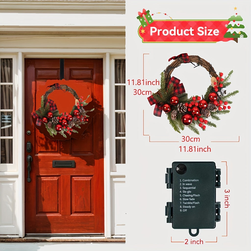 Christmas Wreaths For Door Wreath 12inch 30 LED Christmas Swag Christmas Decoration Christmas Wreath With Christmas Red Berries, Pine Cones, Cedar Leaves For Home Indoor Outdoor Decoration Gift Great Atmosphere New