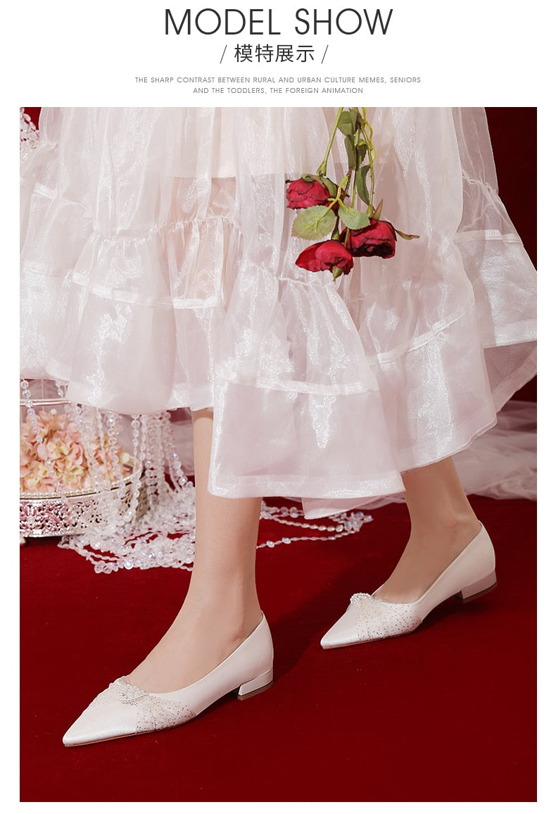 xiangtuibao Minority French Wedding Shoes Flat Bottomed New Bride Shoes White Satin Wedding Dress Shoes Women's Flat Heel Shoe