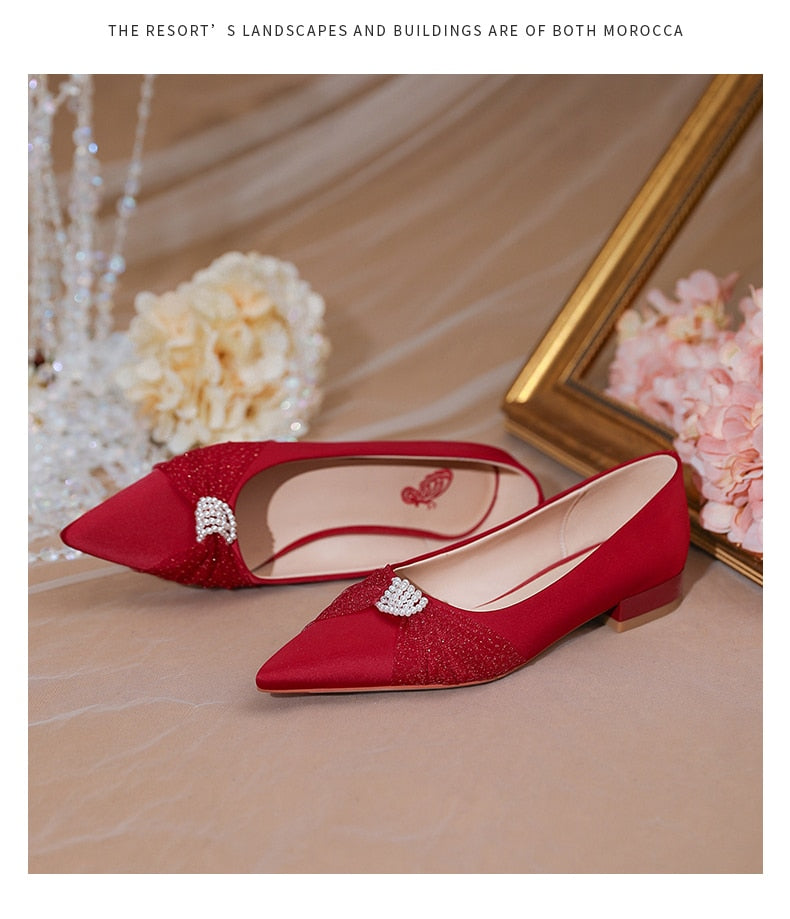 xiangtuibao Minority French Wedding Shoes Flat Bottomed New Bride Shoes White Satin Wedding Dress Shoes Women's Flat Heel Shoe