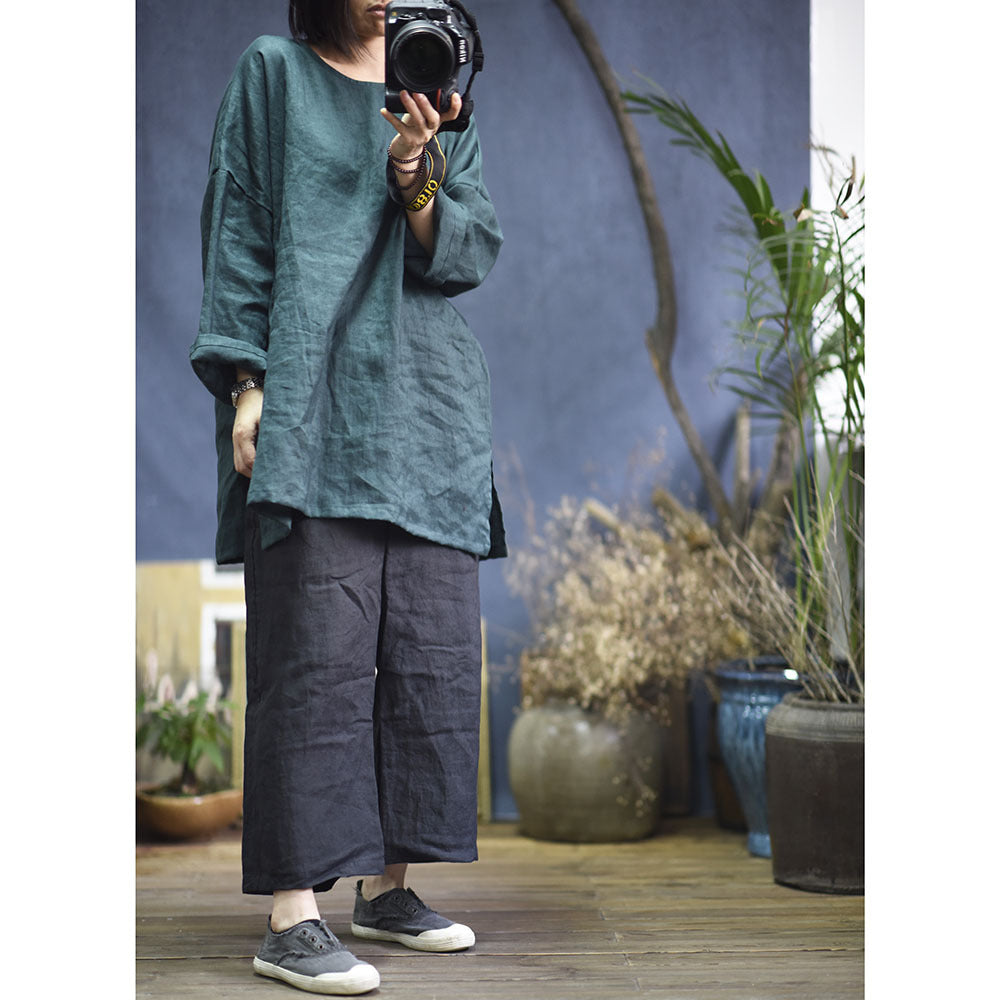 2025 Su Nian Weiyang, Autumn Zen/Cotton and Linen Retro Spring and Autumn Pullover Split Sleeve Hemp Shirt Women's Clothing