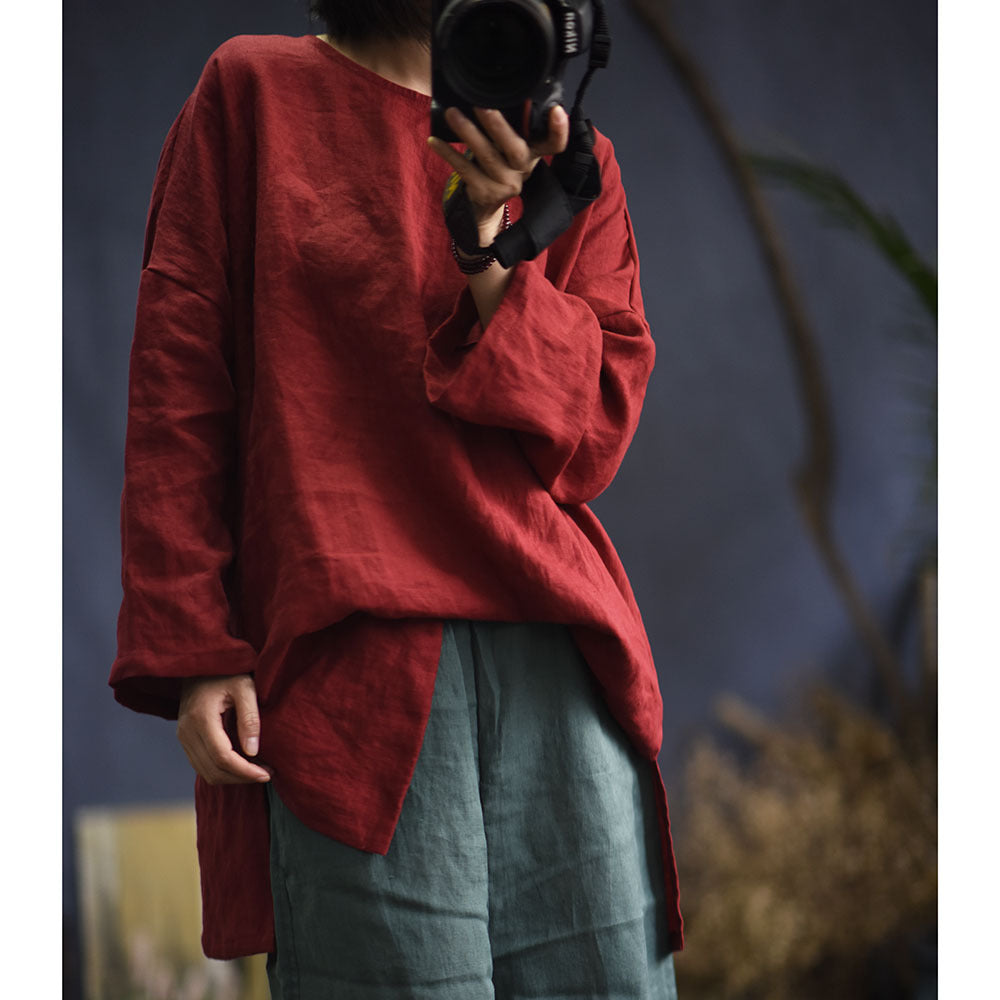 2025 Su Nian Weiyang, Autumn Zen/Cotton and Linen Retro Spring and Autumn Pullover Split Sleeve Hemp Shirt Women's Clothing