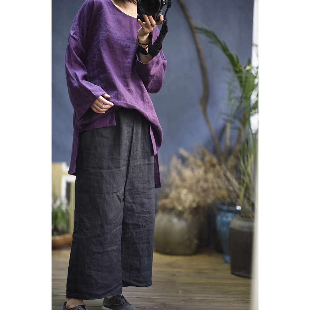 2025 Su Nian Weiyang, Autumn Zen/Cotton and Linen Retro Spring and Autumn Pullover Split Sleeve Hemp Shirt Women's Clothing