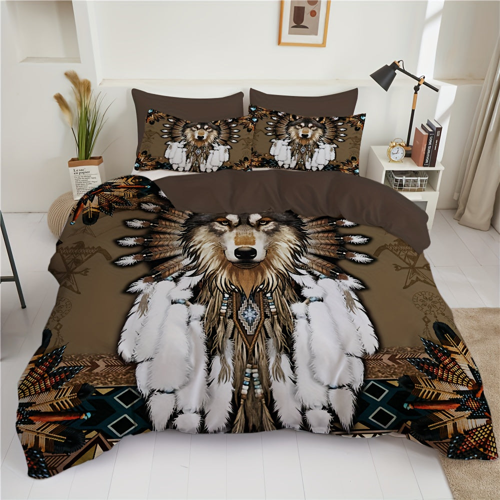 2/3pcs Dreamcatcher Bedding Set - Soft, Comfortable, Ethnic-Inspired Duvet Cover Set with Wolf Pattern for Country-Style Bedroom Decoration - 1 Duvet Cover + 1/2 Pillowcase, Coreless, Easy Care, Hypoallergenic, and Breathable