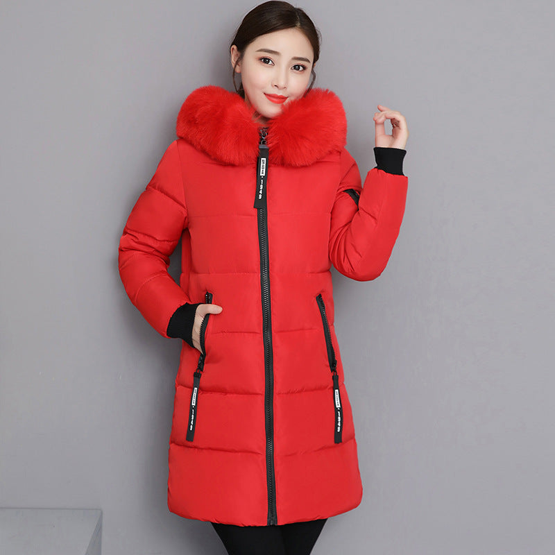 2025 cotton-padded clothes women's medium and long slim and thin cotton-padded clothes jacket large size large fur collar thickened large size cotton-padded jacket tide wholesale