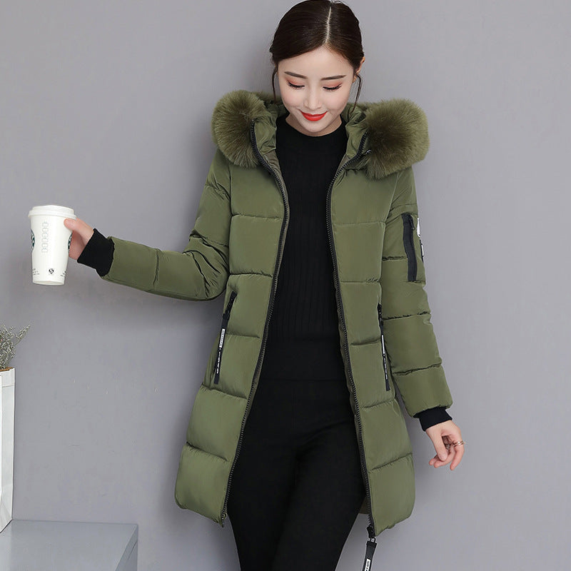 2025 cotton-padded clothes women's medium and long slim and thin cotton-padded clothes jacket large size large fur collar thickened large size cotton-padded jacket tide wholesale