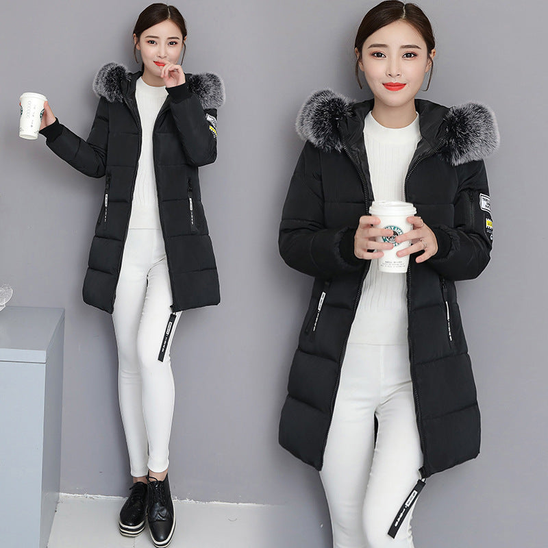 2025 cotton-padded clothes women's medium and long slim and thin cotton-padded clothes jacket large size large fur collar thickened large size cotton-padded jacket tide wholesale