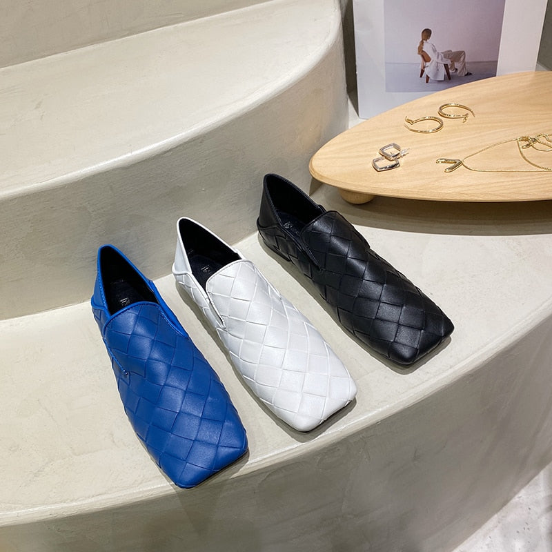 xiangtuibao Fashion Women Flats Square Toe Slip On Loafers Comfortable Ladies Shoes Flats Heeled Casual Spring/Autumn Fashion Blue Shoes