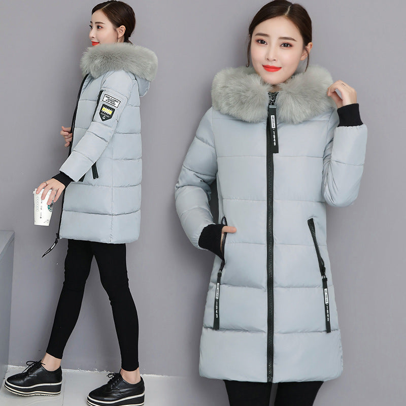 2025 cotton-padded clothes women's medium and long slim and thin cotton-padded clothes jacket large size large fur collar thickened large size cotton-padded jacket tide wholesale