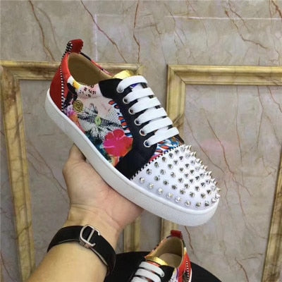 xiangtuibao Genuine Leather Flat Women Sneakers Rivet Colorful Fashion Flat Casual Shoes Men Sneakers Lace-up Spikes Real Leather Classics