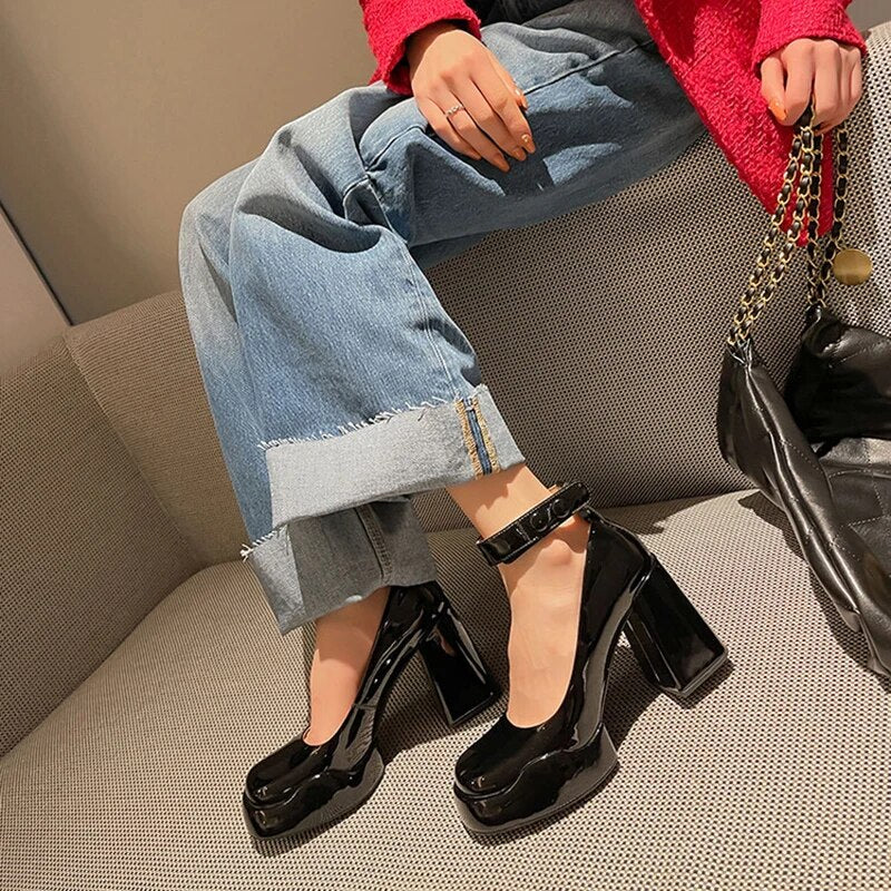 xiangtuibao Patent Leather High Heels Pumps Women Autumn Thick Heel Chunky Platform Mary Jane Shoes Woman Black Ankle Straps Pump Shoes