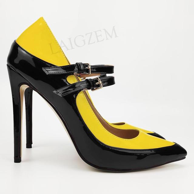 Pinpaixiong Color Contrast Women Heels Buckle Straps Desgin 12CM High Heels Shoes Women Scarpe Donna Tacones Size 34 43 44 47
