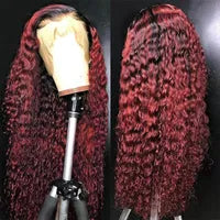 13x4 Red Color 180% Curly Human Hair Wigs for Women 99J Burgundy Transparent Deep Wave Lace Frontal Wig Synthetic