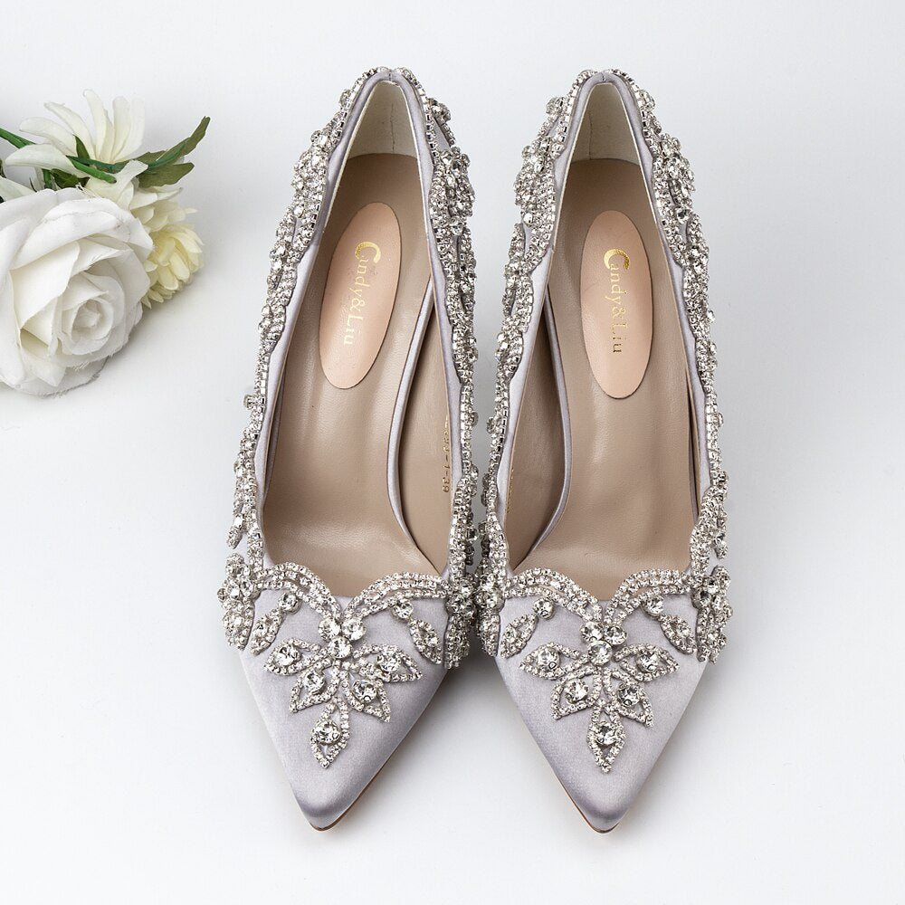 xiangtuibao Wedding Shoes Luxury Design Higher Quality Satin Full Stone Rhinestone Pointed Toe Bride Pumps Fat Square Clear Higher Heels