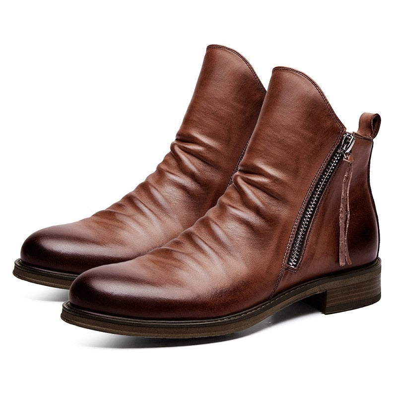 xiangtuibao Men Leather Boots High Quality Comfy Anti-Slip Casual Men Boots Double Side Zipper Non-slip Sole Men Martin Boots Work Men Boots