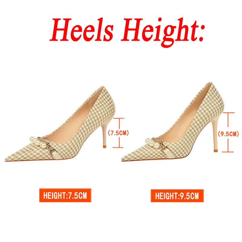 xiangtuibao Women 7.5cm 9.5cm High Heels Plaid Pumps Pointed Toe Wedding Bridal Middle Low Heels Lady Pearl Scarpins Event Stripper Shoes
