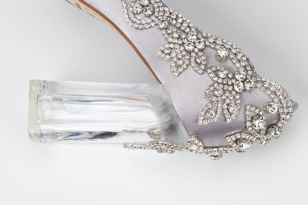 xiangtuibao Wedding Shoes Luxury Design Higher Quality Satin Full Stone Rhinestone Pointed Toe Bride Pumps Fat Square Clear Higher Heels