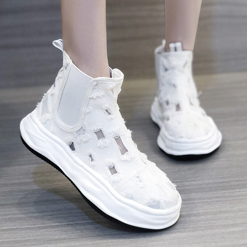 Lucyever Women Flat Heels Ankle Boots Canvas Hole Slip on Platform Shoes Woman Summer Autumn Breathable Casual Boots Femme