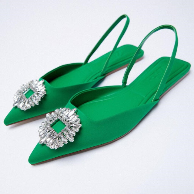ZA Women's Shoes Summer New Yellow Rhinestone Buckle Slingbacks Shoes Pointed Toe Flat Elegant Wedding Shoes