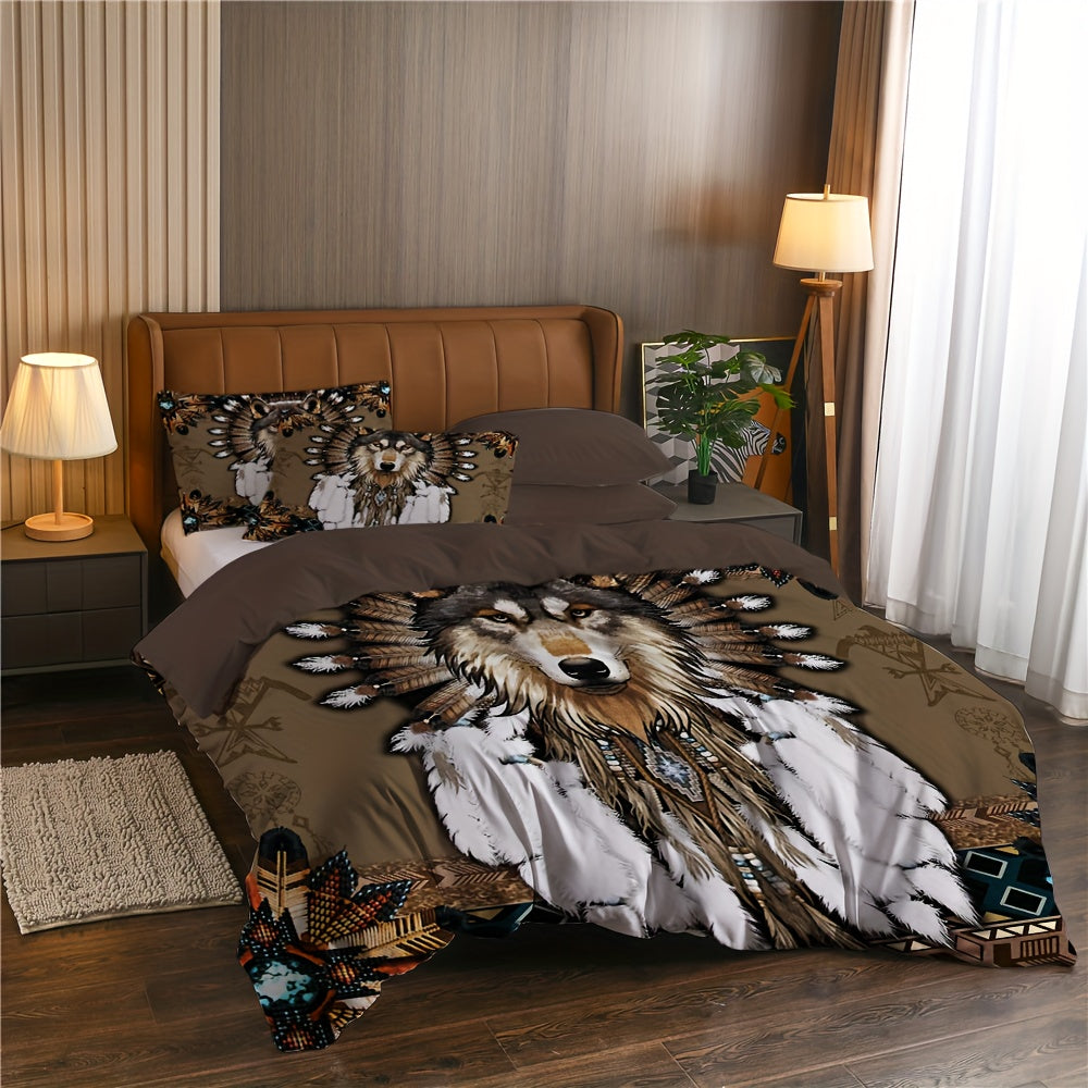 2/3pcs Dreamcatcher Bedding Set - Soft, Comfortable, Ethnic-Inspired Duvet Cover Set with Wolf Pattern for Country-Style Bedroom Decoration - 1 Duvet Cover + 1/2 Pillowcase, Coreless, Easy Care, Hypoallergenic, and Breathable