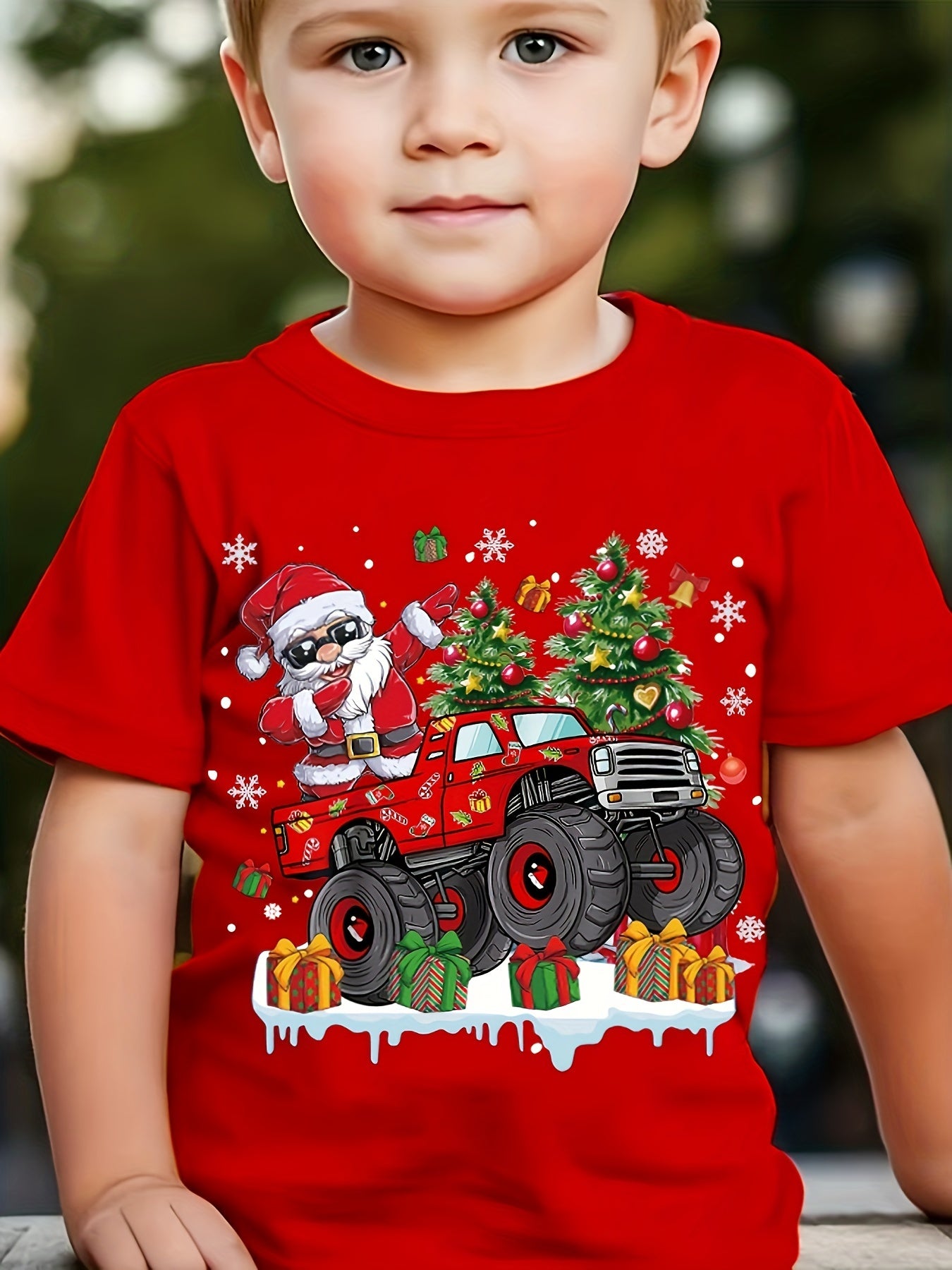 MILKYSHIP Kids Christmas Monster Truck Santa Print T-Shirt - Casual Crew Neck Polyester Tee with Applique, Slight Stretch, Summer Season Top for Boys, Regular Fit, Knit Fabric - Ages 12 & Under