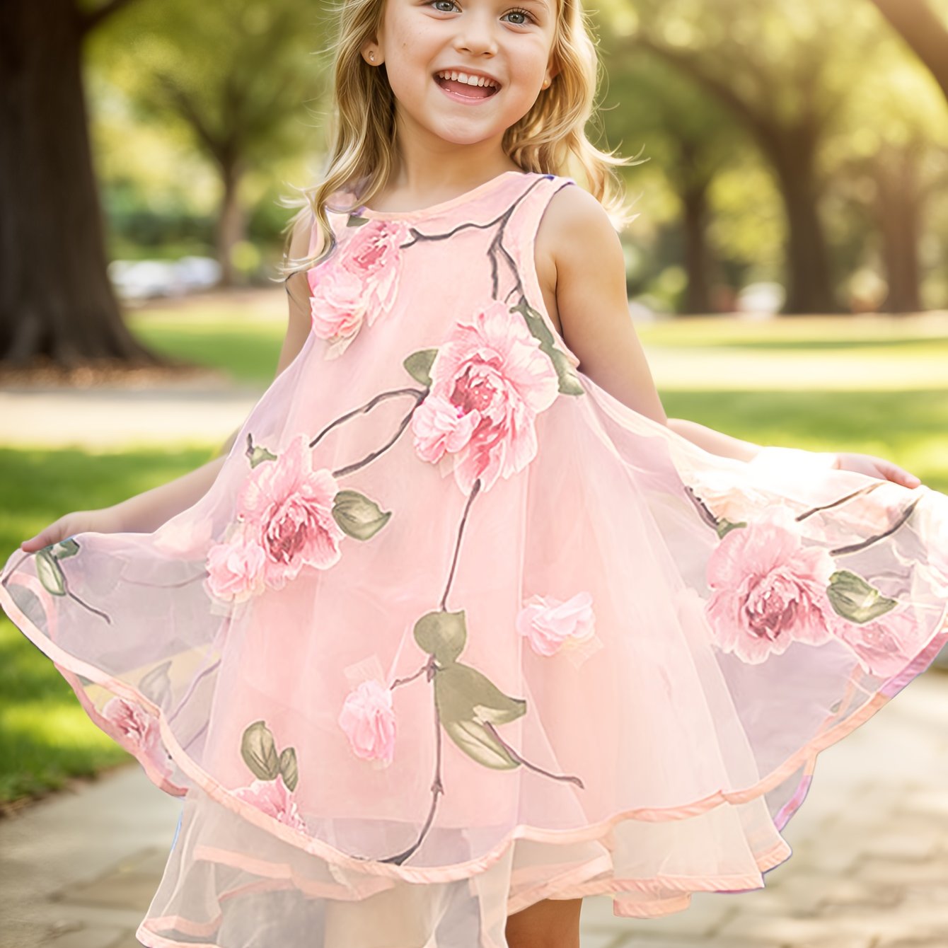 2-Layer Chiffon Sleeveless Floral Mesh Overlay Party Dress for Girls - Twist Details, Semi-Sheer, Loose Fit, Crew Neck, Brief Length, Non-Stretch Polyester, All-Season Wear, Casual Style - Perfect for Birthday and Summer Events