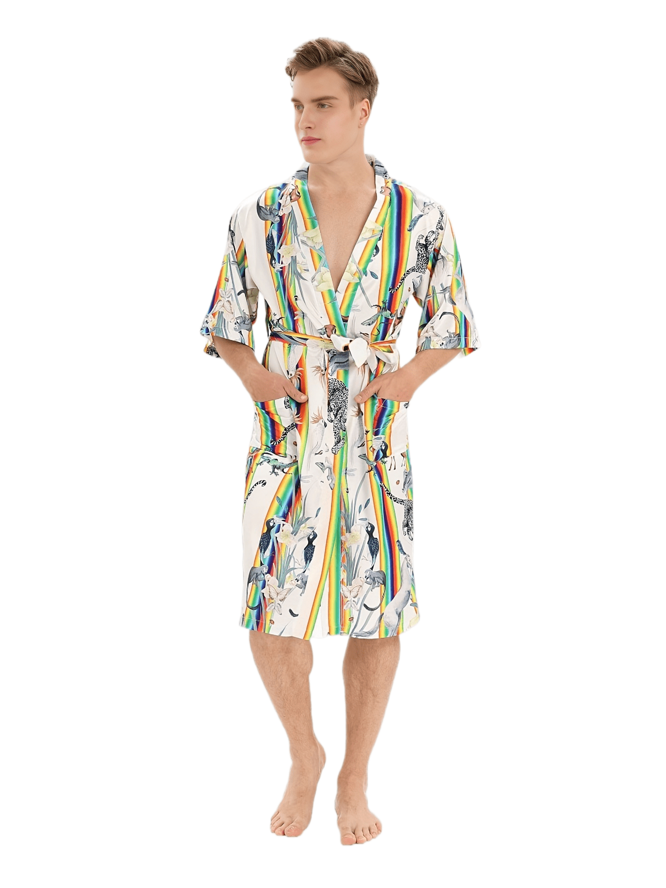 Men's Comfy Plant Colorful Striped Robe With Pockets, Home Pajamas Wear One-piece Lace Up Night-robe Loungewear Sets