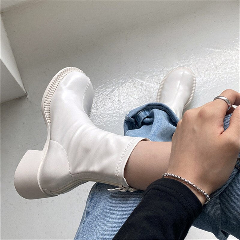 xiangtuibao Sexy Black Women Ankle Boots Chunky High Heel Elastic Sock Boot Ladies Shoes Round Toe Slim Fit Short Booties Autumn Botas Mujer