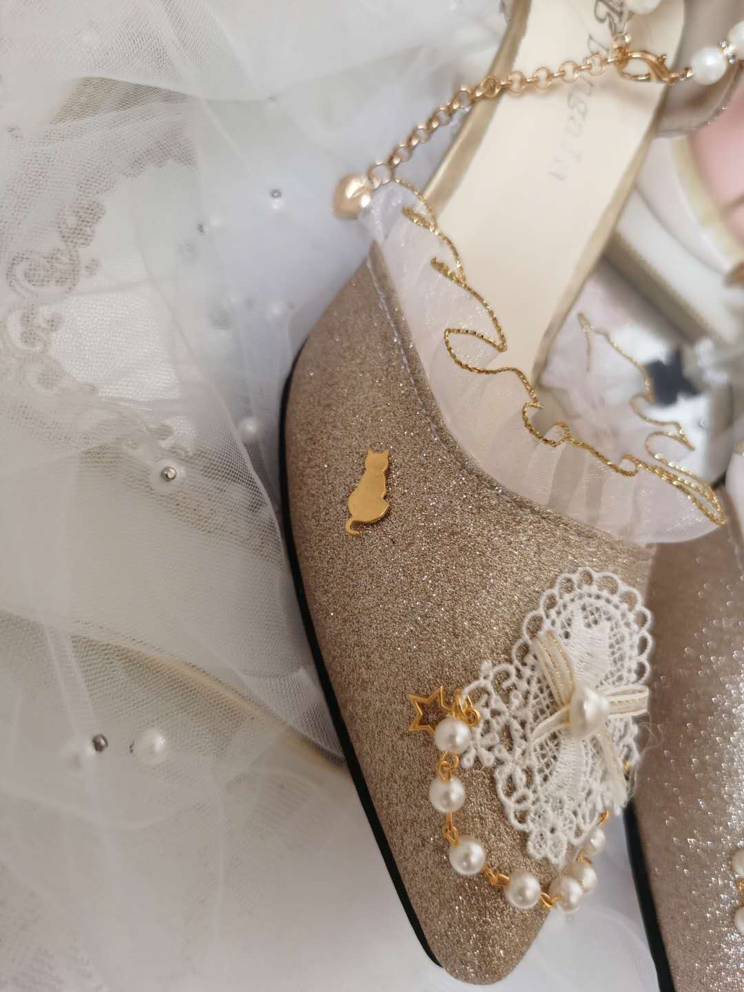 xiangtuibao Japanese Lolita Tea Party High Heels Champagne Elegant Sweet high heel vintage lace bowknot kawaii shoes cosplay loli
