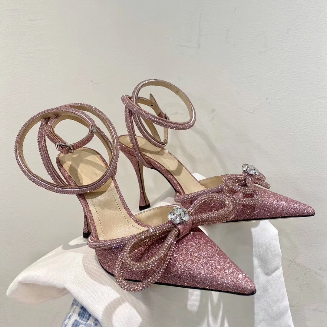 Rhinestone Baotou sandals new summer fairy wind pointed pink high-heeled bow tie thin heel winding bandage