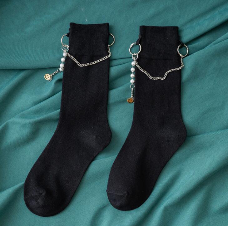 xiangtuibao Punk Pearl Chain Socks Women Long Cotton Socks Girls Streetwear Fashion Sock Ankle Female Dress Calcetines Meias