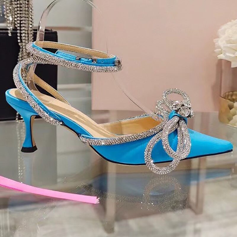 Rhinestone Baotou sandals new summer fairy wind pointed pink high-heeled bow tie thin heel winding bandage