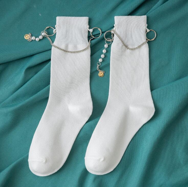xiangtuibao Punk Pearl Chain Socks Women Long Cotton Socks Girls Streetwear Fashion Sock Ankle Female Dress Calcetines Meias