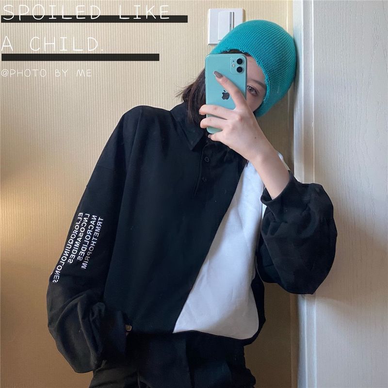 xiangtuibao new stitching contrast shirt Korean Hong Kong style sweatshirt Preppy hip hop oversize long-sleeved t-shirt men women