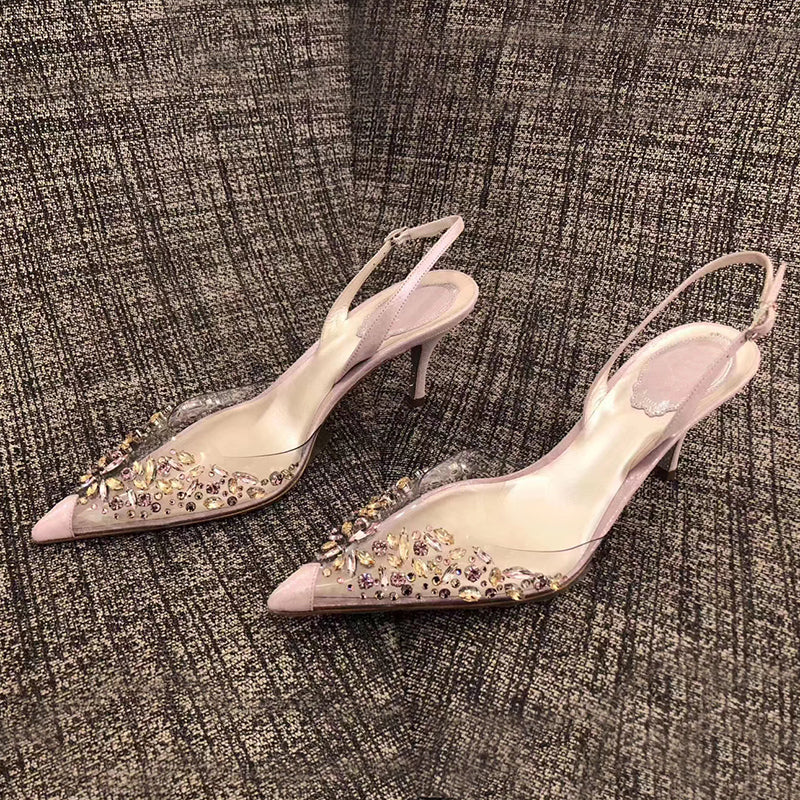 xiangtuibao Shallow Pumps Spring New PVC Crystal Fashion Buckle Strap Women's Shoes Elegant Pointed Toe Thin Heels Wedding