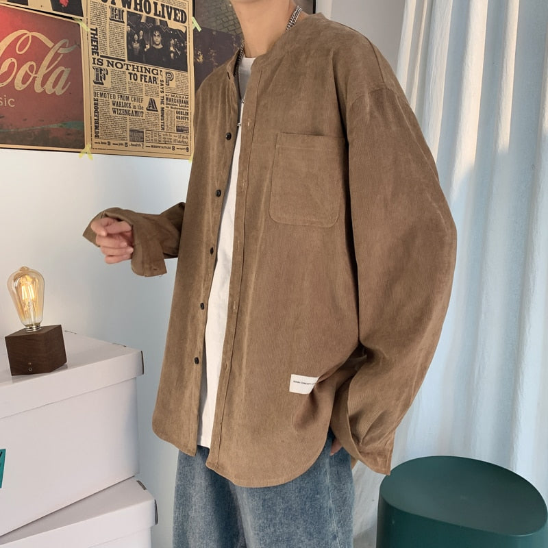 xiangtuibao Oversized Men Solid Corduroy Shirt Long Sleeve Mens Pocket Streetwear Shirts Male Korean Fashions Black Shirt 5XL