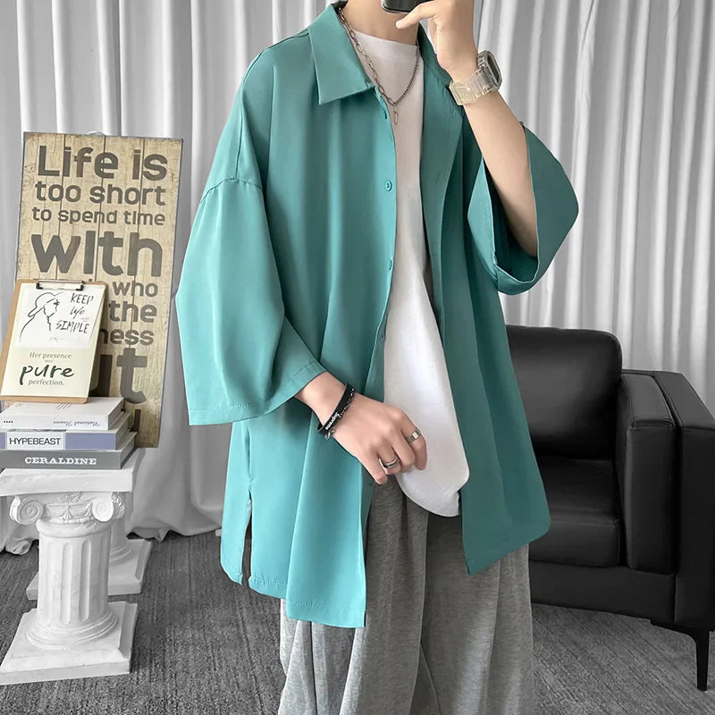 xiangtuibao Solid Color Oversized Men's Shirts Harajuku Men Casual Half Sleeve Shirt Tops Cool Summer Streetwear Man Blouse 6 Colors