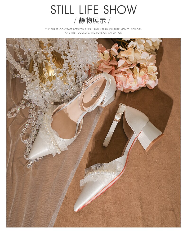 xiangtuibao Wedding Dress Wedding Shoes Thick Heels Summer Women's New French Minority Bridal Shoes White Tiring Middle Heel Sandals
